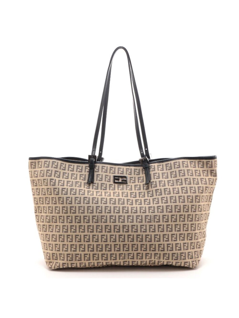 Fendi Zucchino Tote Bag Beige Black Canvas Leather